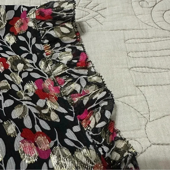 Kate Spade Large Floral Park Silk Sleeveless Ruffle Top Metallic Clip Dot - Picture 9 of 13